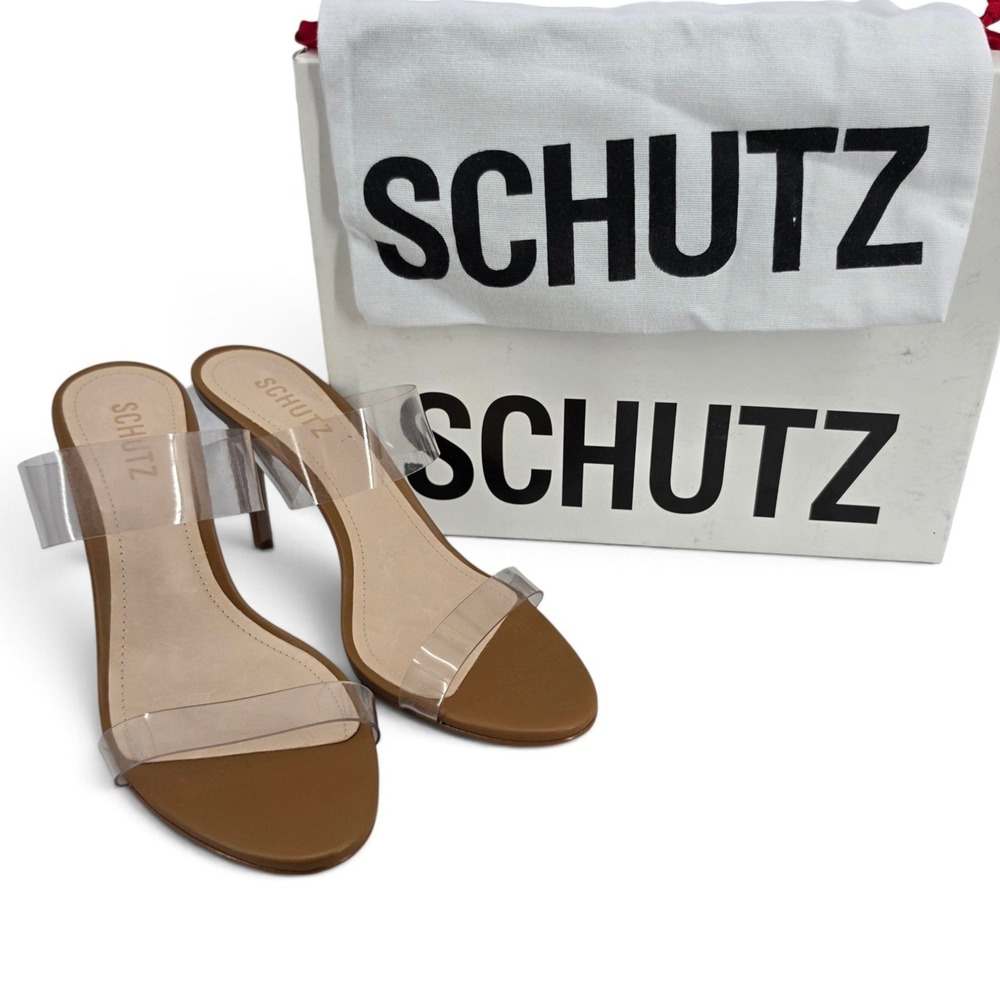 Schutz Ariella Clear Strap Heels Nude Vinyl Sandals 9.5 NIB Quiet Luxury